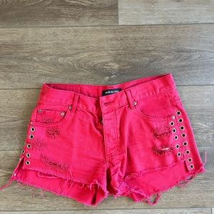 Neon Blonde - Grommet Red Denim Cutoff Shorts - SZ 28